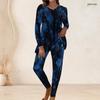 Women Plus Size Round Neck Long Sleeve Navy Blue Printed Longline Top Fitted Pants Set