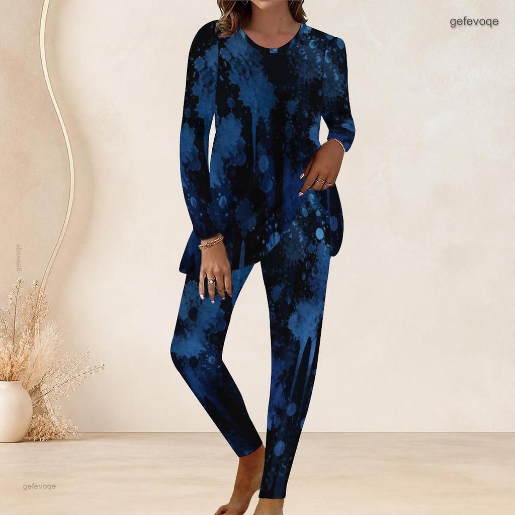 Women Plus Size Round Neck Long Sleeve Navy Blue Printed Longline Top Fitted Pants Set