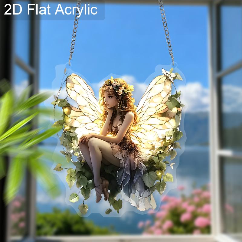 Acrylic Floral Fairy Suncatcher, Stained Glass Style Window Hanging Ornament for Fantasy and Nature Lovers