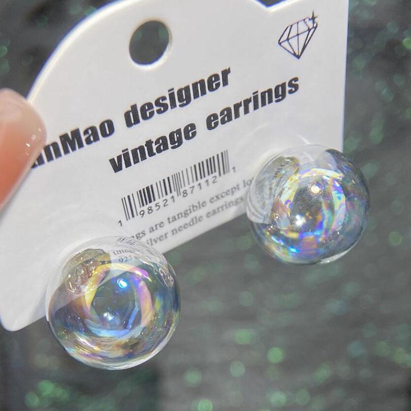Dreamy Summer Colorful Bubbles S925 Silver Stud Earrings - Sweet Transparent Glass Ball Ear Accessories