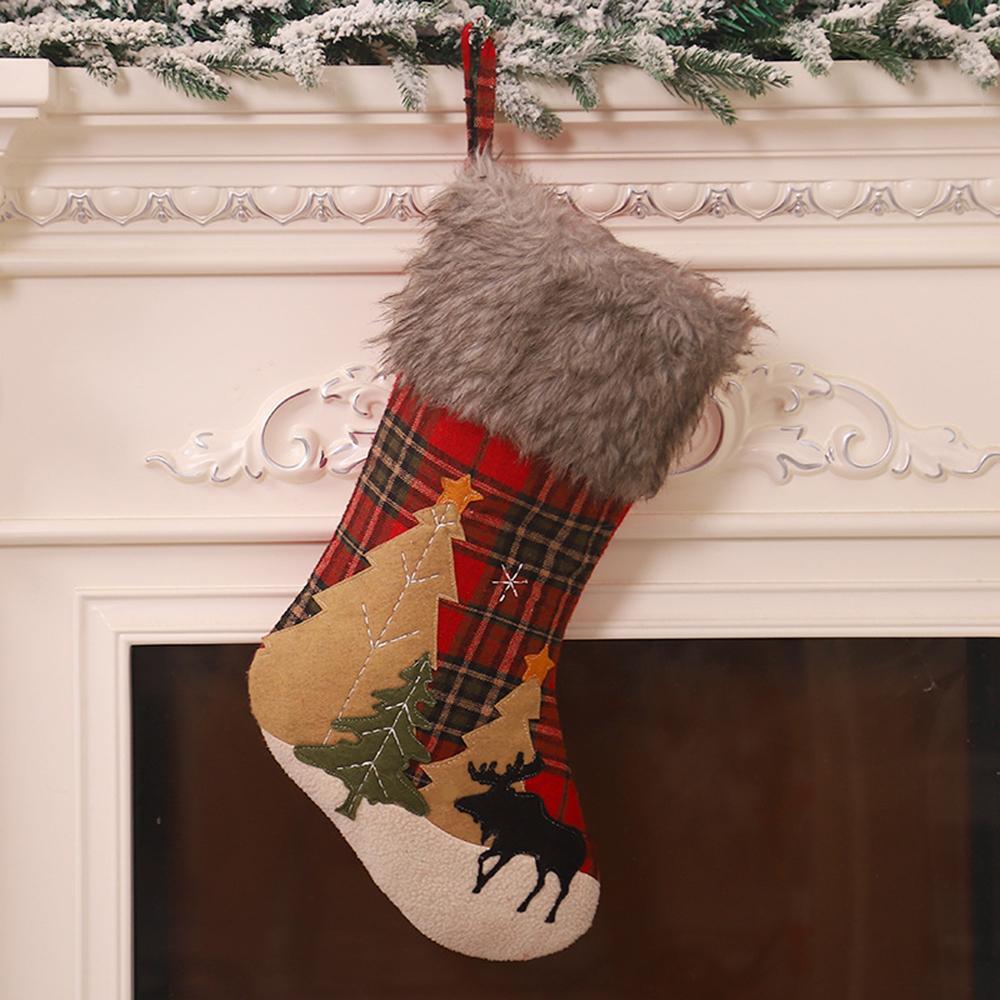 Christmas Stocking 18'' 3D with Plaid Snowflake Plush Faux Fur Cuff Christmas Decorations and Party Decorations Style 1