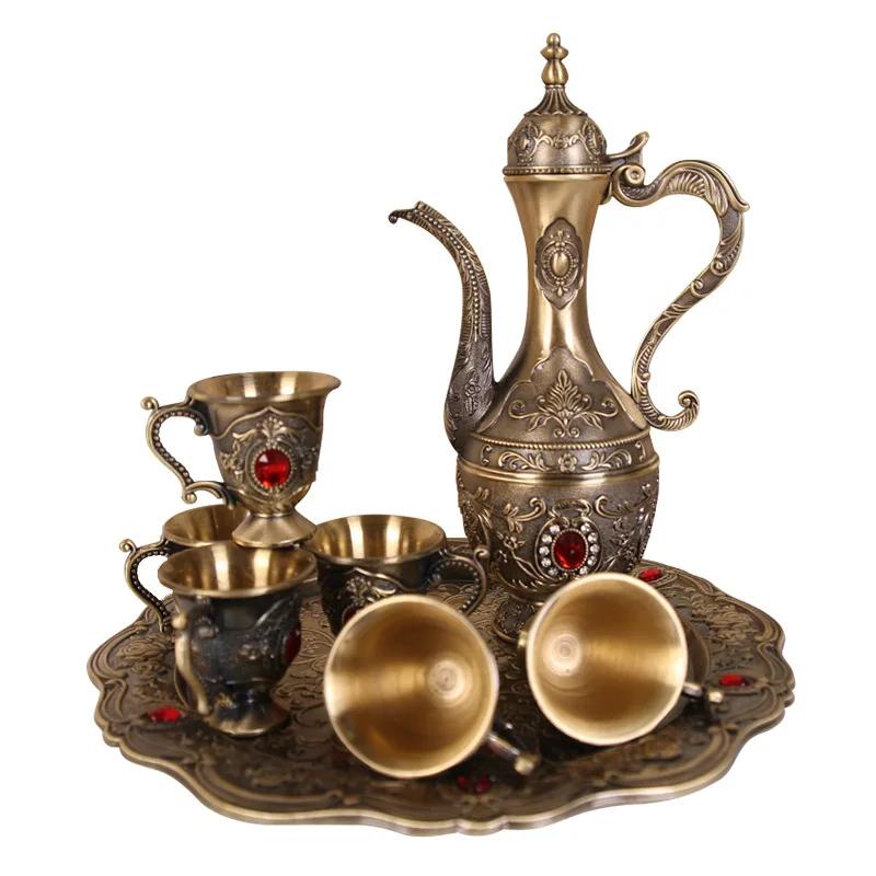 8pcs Tableware Set 1*Teapot 6*Cup 1*Tray Tea Set Vintage Retro Europen Style for Cabinet Ornament Kitchen Arabic Wine Cup Gift