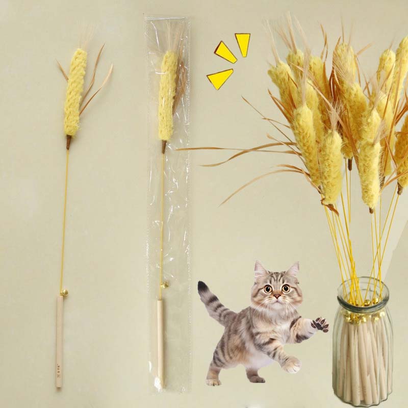 Cat Teaser Toy Bell Squeaky Interactive Feather Cat Toy Simulated Barley Teeth Cleaning Pet Cat Stick Toy