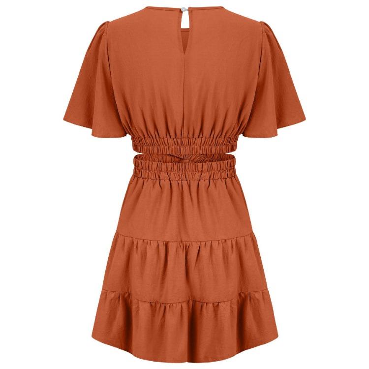 Women Summer Casual A-Line High Waist Short Sleeve Dress Solid Color O-Neck Above Knee Dresses Spring S-XL