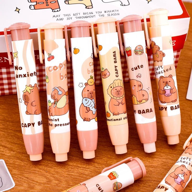 12Pcs Cute Retractable Capybara Eraser Clean Soft Pressing Pencil Eraser Stationery Mechanical Eraser Student Gift