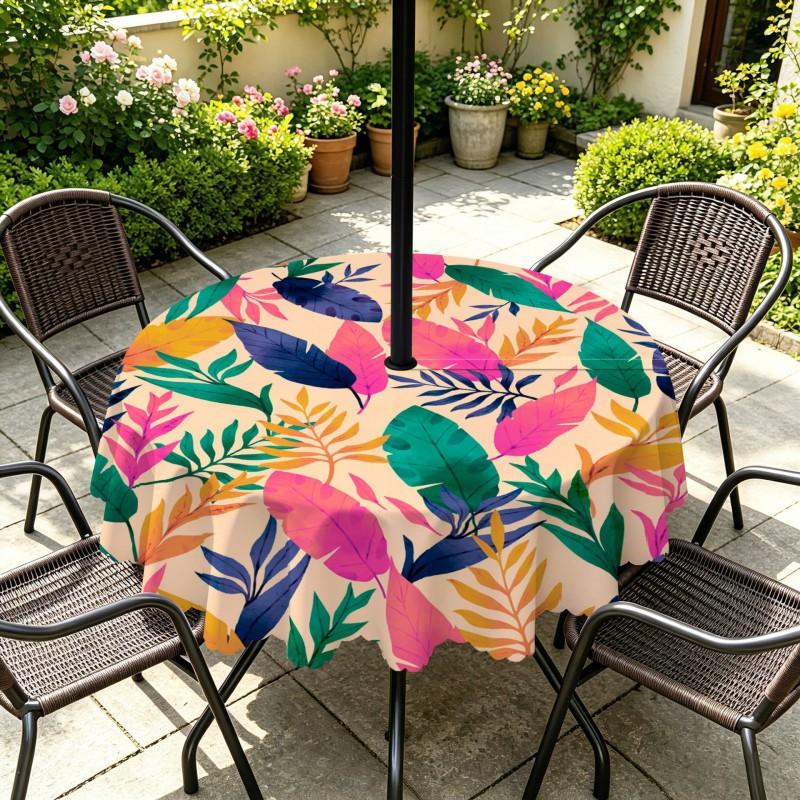 Outdoor Round Tablecloth With Umbrella Hole Waterproof Oil Resistant Floral Leaf Patio Garden Deck