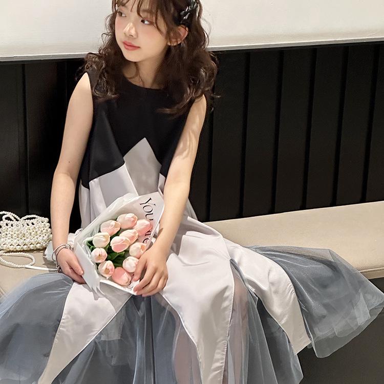 

Girls Summer 2025 Fashionable High-End Korean Style Long Dress 120cm серый