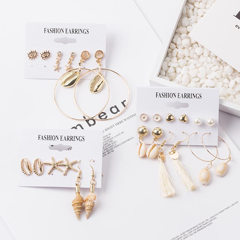 Fashion Alloy Shell Tassel Earrings, Beach Ocean Wind Conch Pearl Multi-Pair Stud Earrings