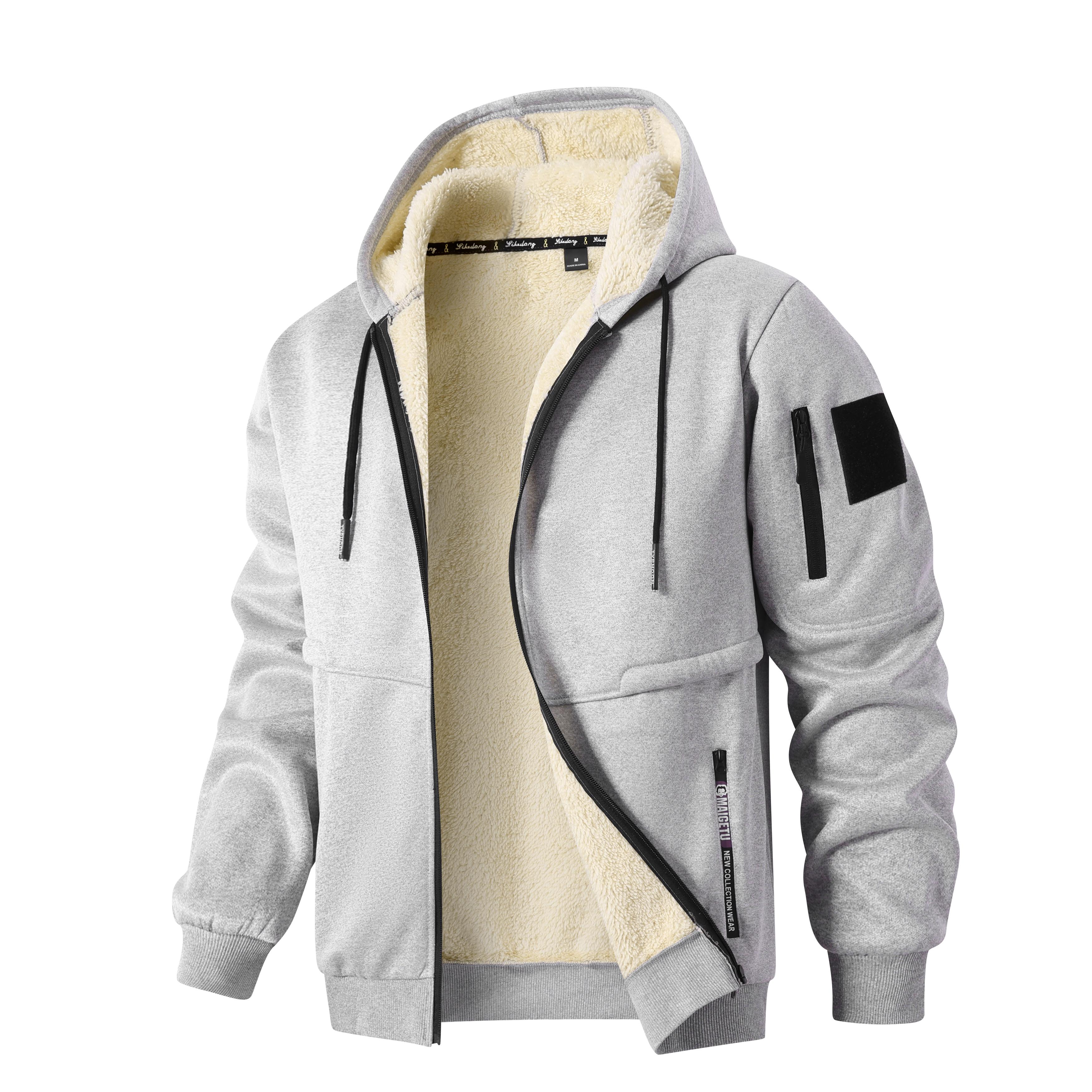 Winter Fleecejacke Herren Freizeit Verdickte Wolljacke Warme Reißverschluss-Kapuzenpullover Strickjacke Sport Langarm-Sweatshirts Kapuzenmantel 3XL grau