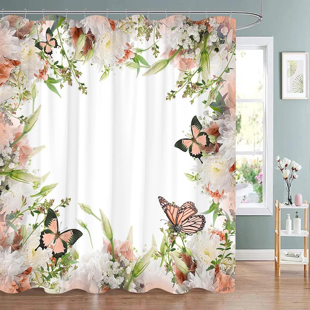 Fresh Floral and Butterfly Shower Curtain Pretty Buds Botanical Spring Peaceful Printed Polyester Shower Curtains Bathroom Decor