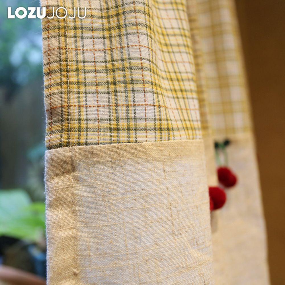 1PC LOZUJOJU Beige Checkered Cherry Decoration Short Curtain Rod Pocket Partition Curtain for Kitchen Living Room Bedroom Cupboard Home Decor