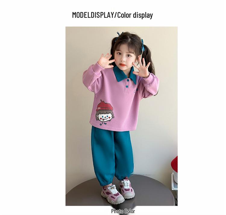 2025 Girls' Korean Style Autumn Two-Piece: Color Block Sweatshirt & Green Pants Set