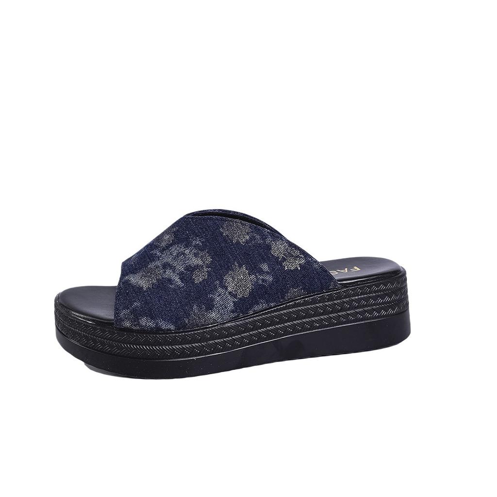 Summer New European and American Fashion Fish Mouth Wedge Fashion Slippers Foreign Trade Large Size Women's One-character Denim Sandals