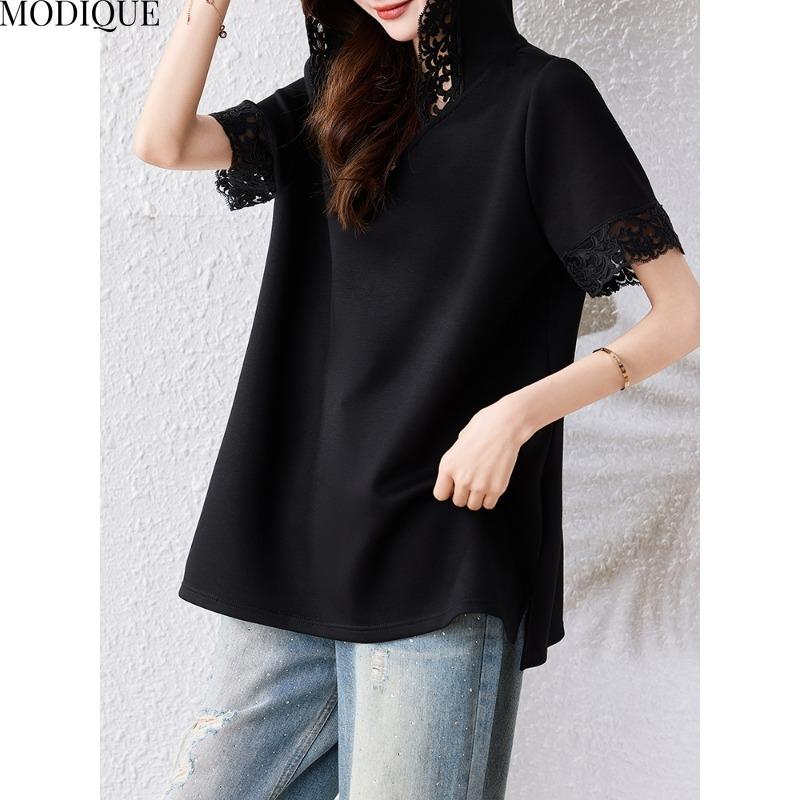 MODIQUE Spring Summer Plus Size New Women Loose Vintage Lace Solid Blouse Shirts Female Casual Oversize Short Sleeve Hooded V-Neck Top