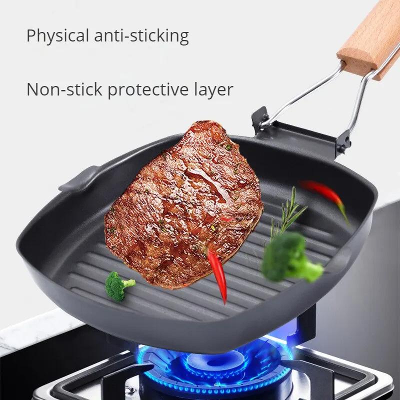 Faltbare Tragbare Bratpfanne Picknick Grillpfanne Hitzebeständiger Holzgriff Outdoor Grillpfanne Doppelmund Steakpfanne(Kein Deckel)