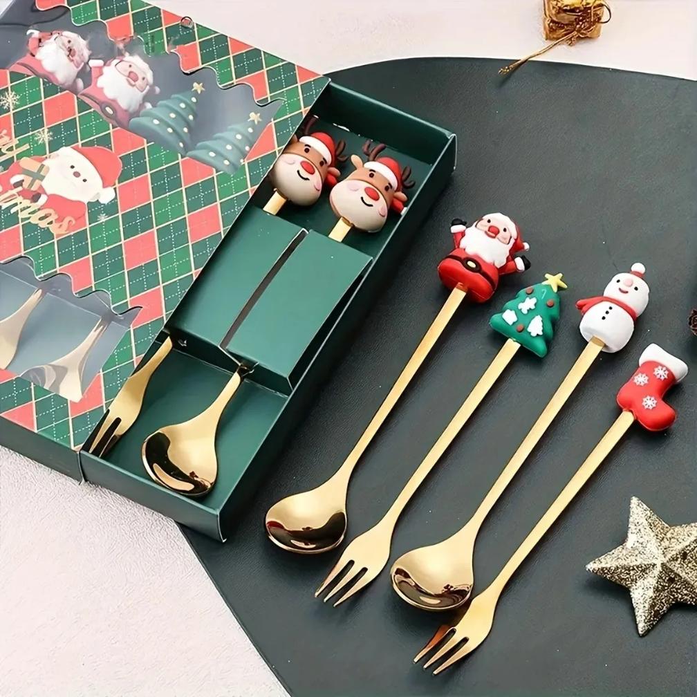 6Pcs Christmas Fork And Spoon Set Stainless Steel Creative Tableware Coffee Tea Dessert Forks And Spoons Gift Set