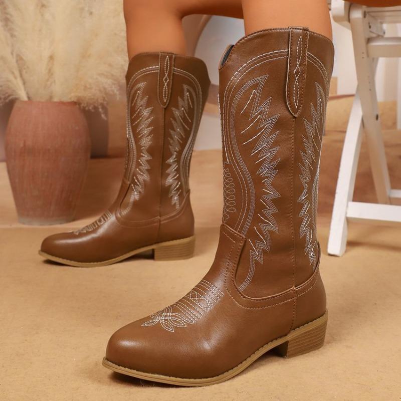 Women's Autumn Suede Western Cowboy Leather Boots - High Heel, Embroidered, Retro, Fashionable
