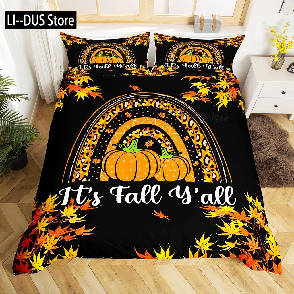 Autumn Pumpkin Duvet Cover Full Size 3 Pcs Watercolor Orange Maple Leaves Bedding Set For Kids Teens Adults With 2 Pillowcases