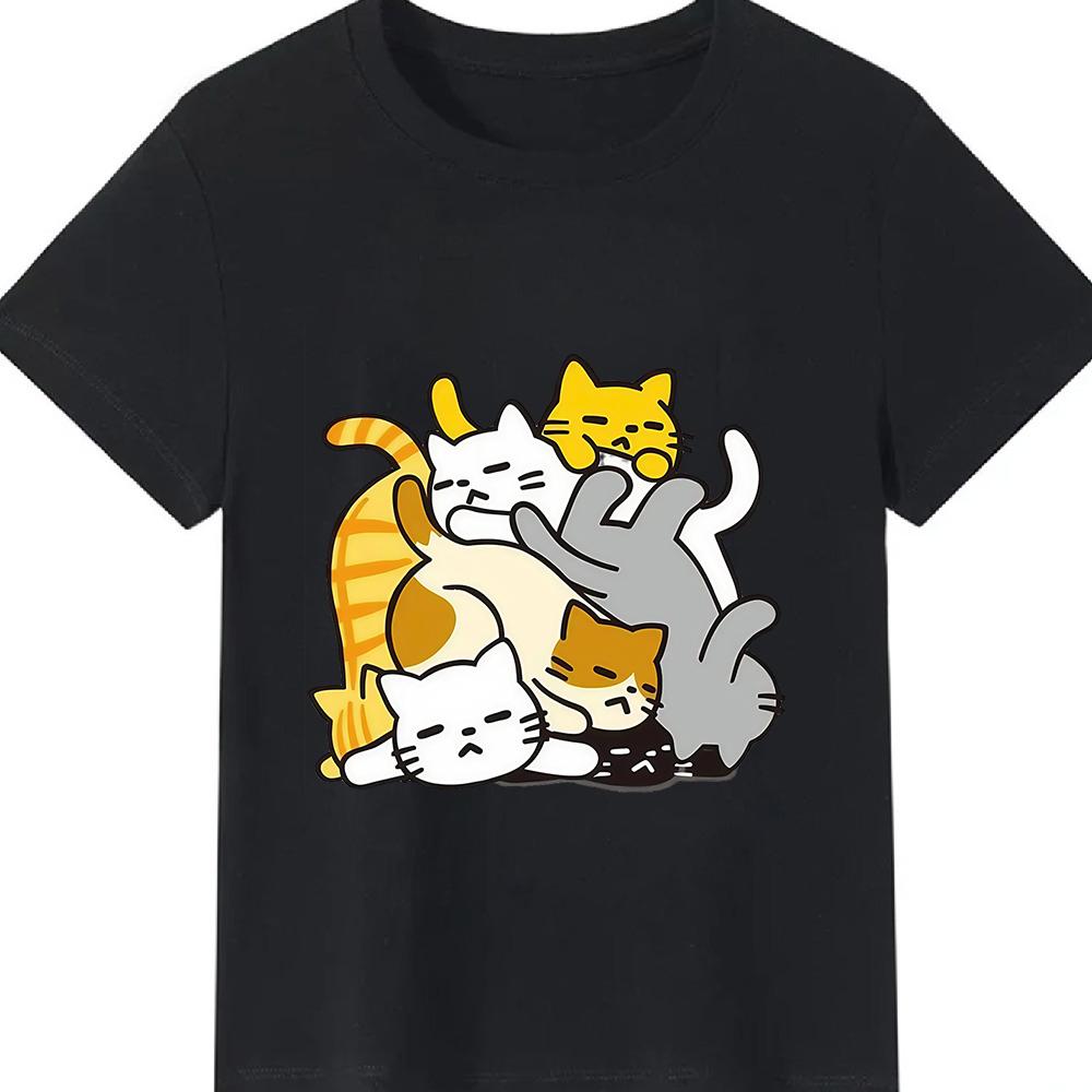 T-shirt Grafica Gatti Impilati Carini Kawaii Cartone Animato Trio di Gattini Stampa Casual Cotone per Amanti dei Gatti Harajuku