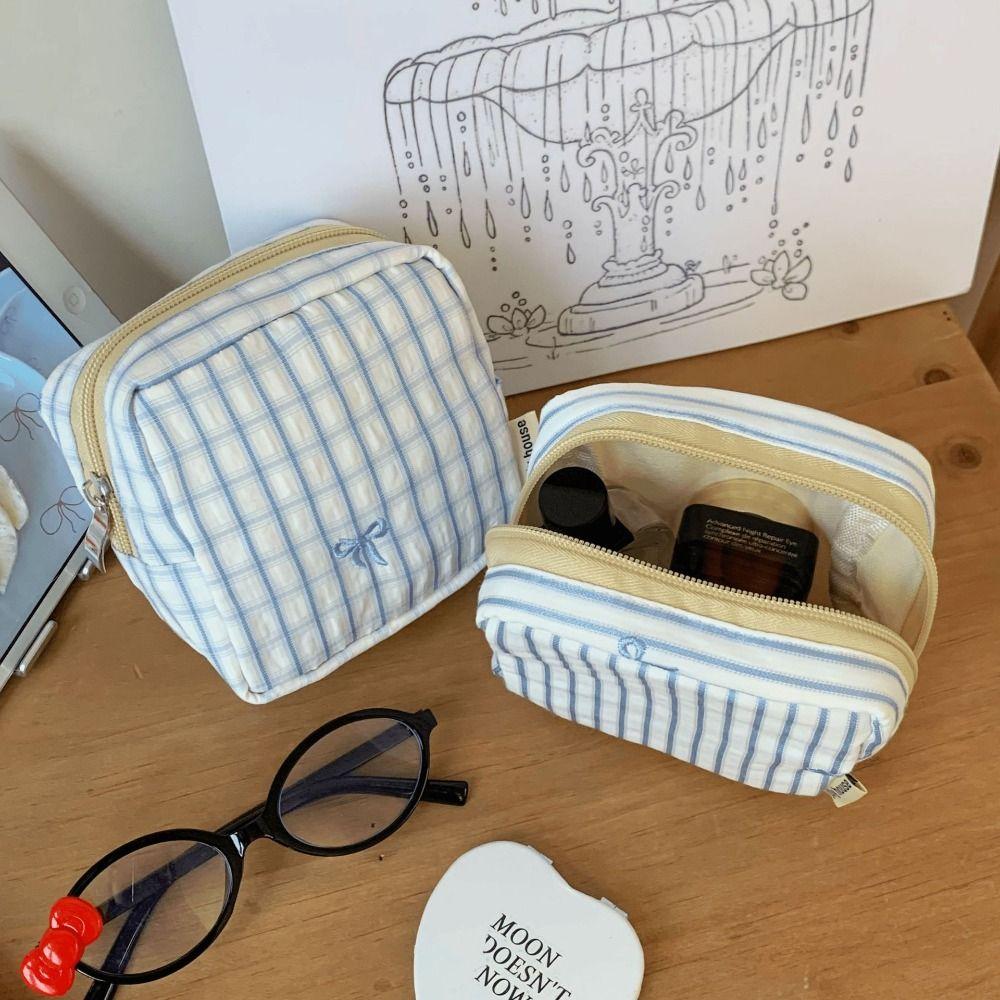 Striped Plaid Mini Makeup Bag Embroidered Multi-functional Lipstick Storage Pouch Zipper Closure Square Shape Cosmetic Bag