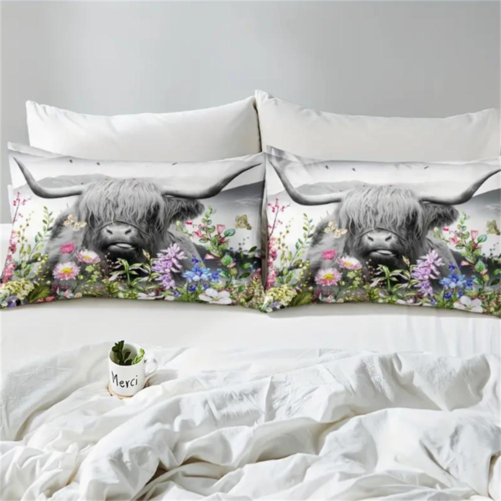 Highland Cow Duvet Cover, Watercolor Flowers Animals Plants Bedding Set 2/3pcs For Women Men Adults Room Decor, Fashionable