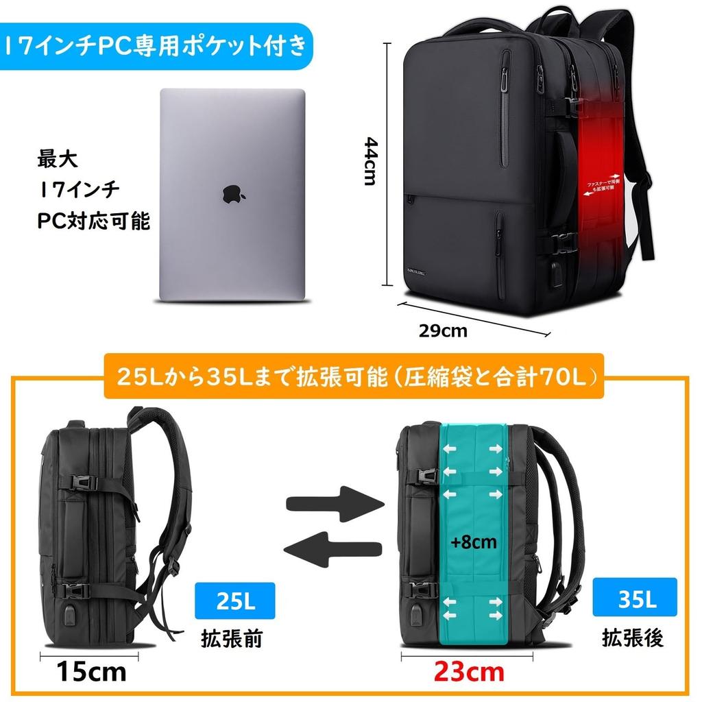 Plecak o dużej pojemności z workiem kompresyjnym i wodoodpornym portem USB, pojemność 18-35L, kompresja i [lovvento] Pompka męska, Rozszerzalny,