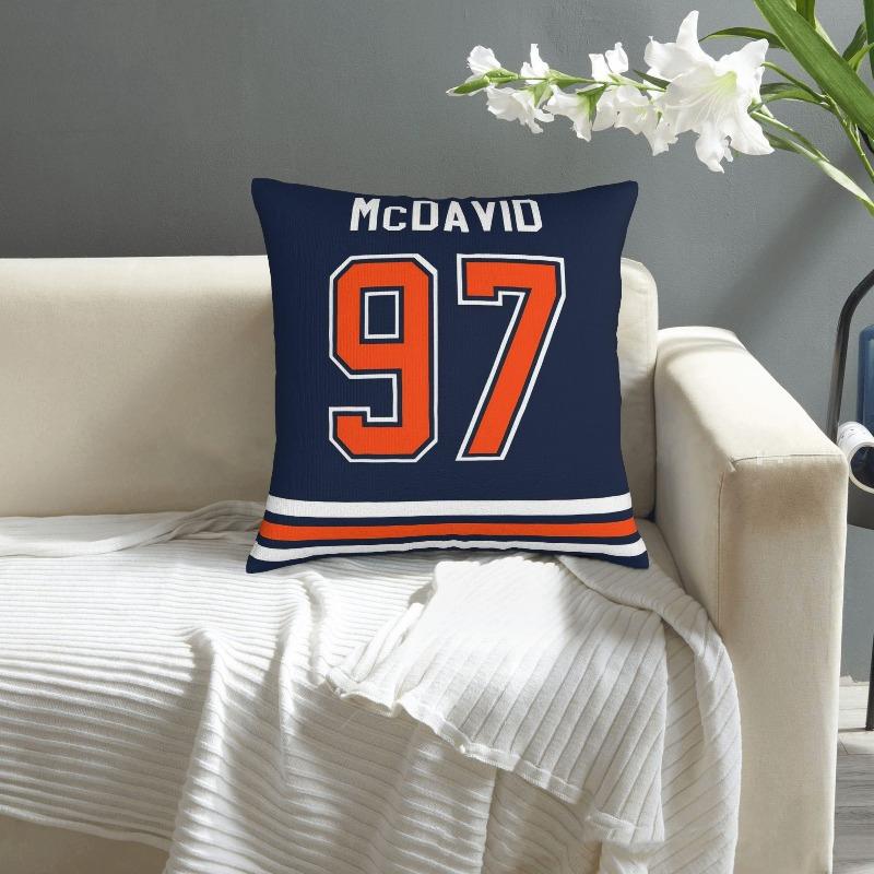 1Pc Connor Mcdavid 97 Hockey Pillow Cover, Polyester 2D Double Sided Print Cushion Case, Edmonton Oilers Jersey Style Throw Pill