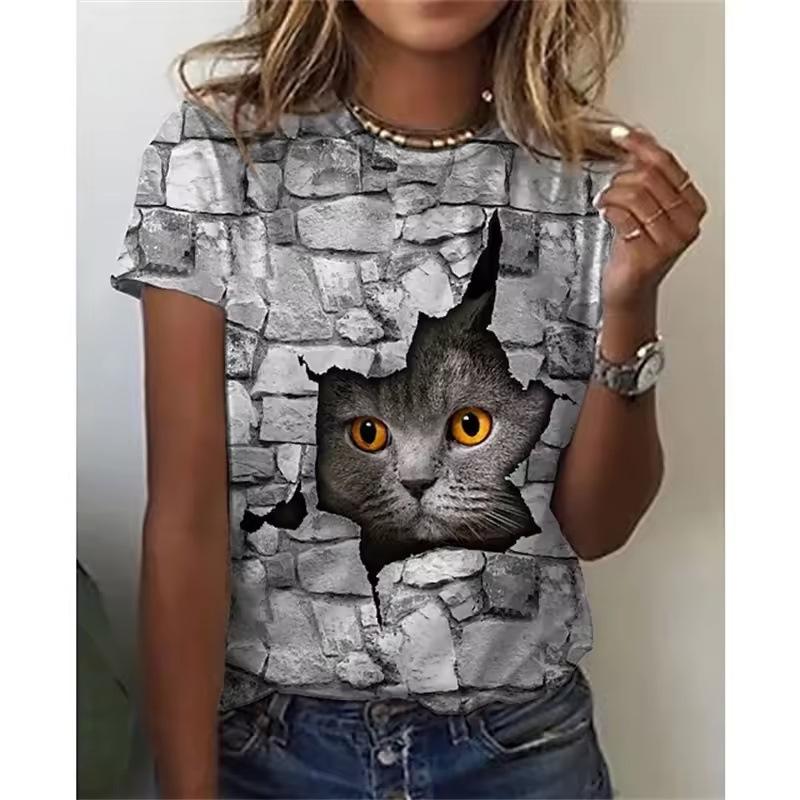Women's T-shirt 3D Printed Casual Short Sleeved Cute Kitten Pattern Print O-Neck Top Fashionable Street Women's Clothing