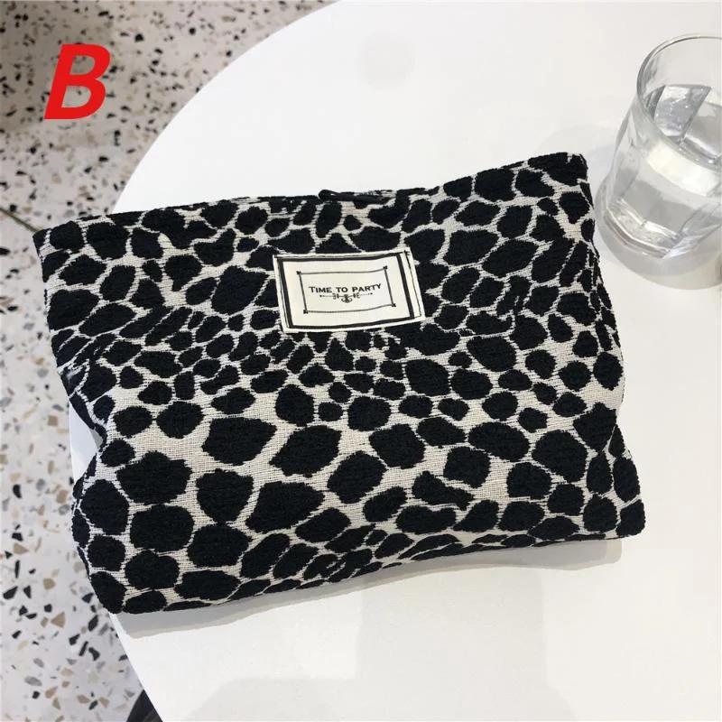 Casual and Versatile Black and White Leopard Print Makeup Washing Canvas Bagconvenient and Large Capacity