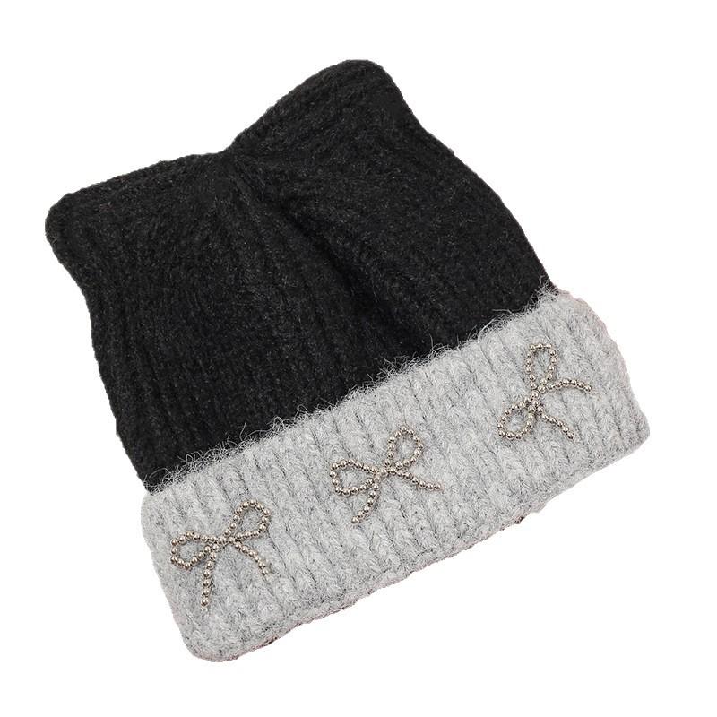 Autumn and Winter New Cute Cat Ears Bow Wool Hat Versatile Women's Big Head Circumference Ear Protector Knitted Cold Hat Wholesale
