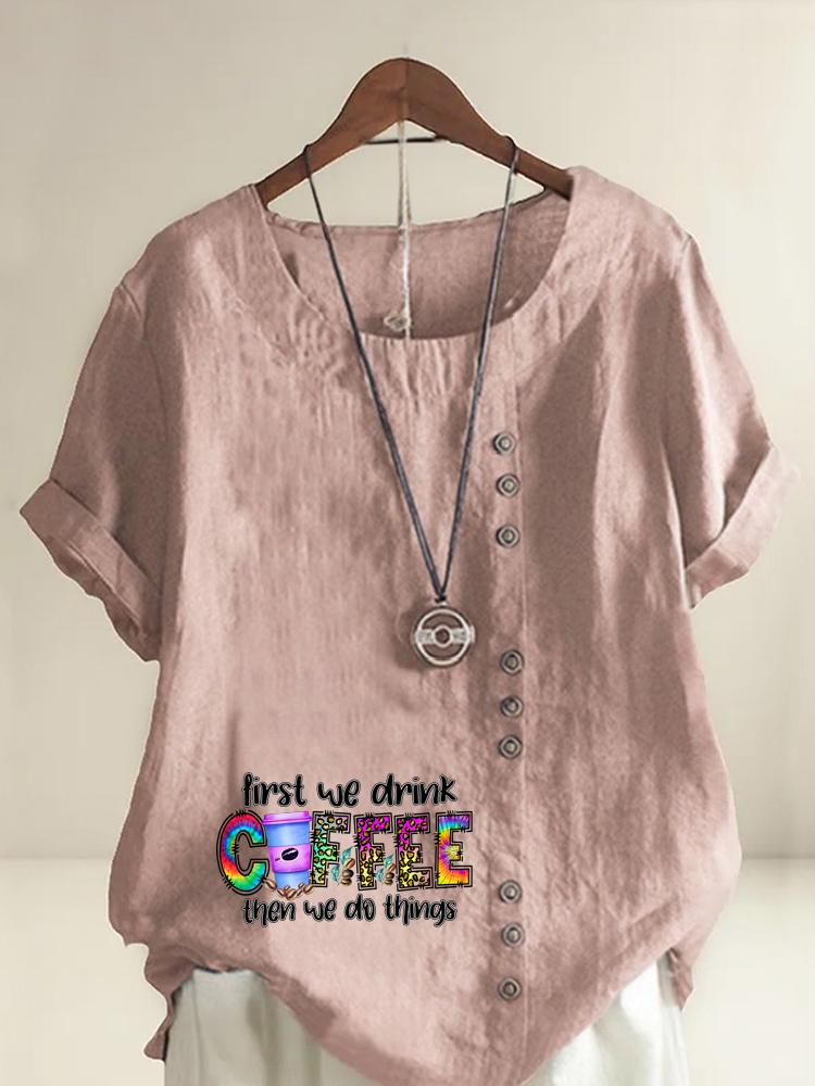 

Women s Fashion Coffee Alphabet Print Printing Shot Sleeve T-shirt Loose Cotton Shirt Casual Loose Summer Plus Size Blouse Tops S розовый