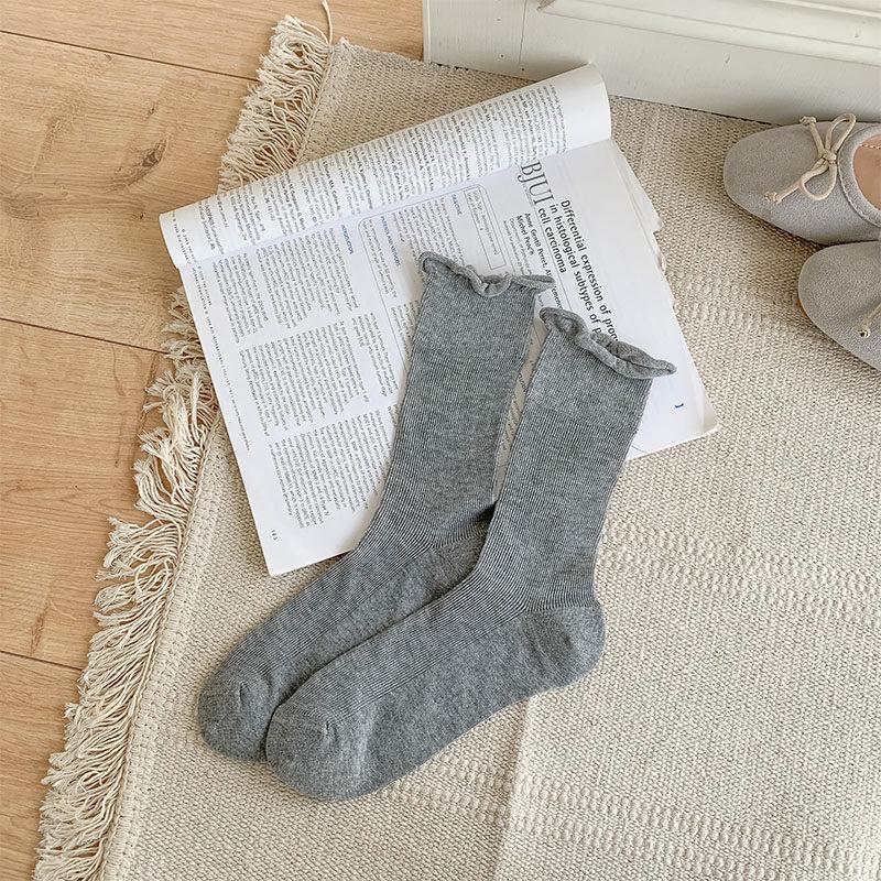 White Curled Socks Women'S Ins Wind Ultra-Thin Boneless Breathable Stacking Socks Solid Color Japanese Basic Jk Socks Medium Tube Socks