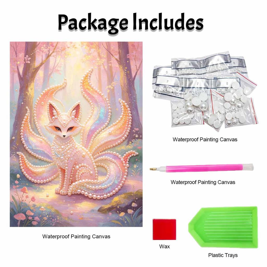 DIY Framed Pearl Painting Kit Ninetailed Fox Pattern Sparkling Bead Canvas Creative Handmade Craft Gift for Women and Adults Relaxation Art
