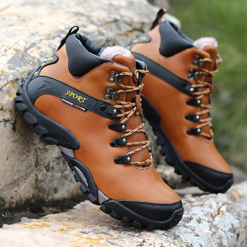 Nadměrná velikost Podzimní a zimní Pánské outdoorové tenisky z pravé kůže Vysoké teplé boty s bavlněnou podšívkou a sametem Pánské protiskluzové pracovní boty