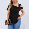 Plus Size Women Sexy Off Shoulder Oblique Collar Solid Color Short Sleeve Pullover Top