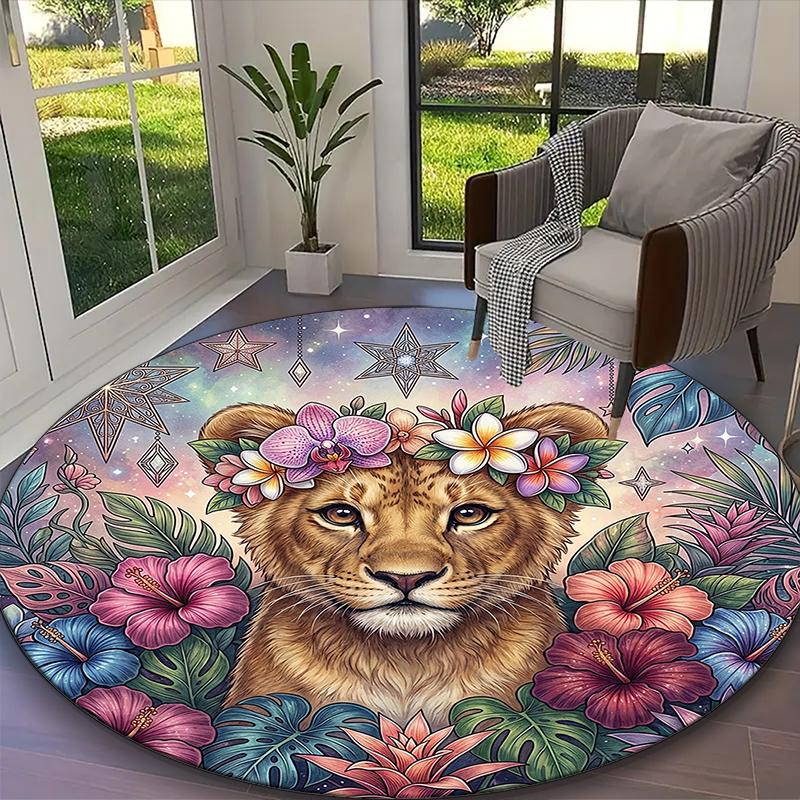 1pc General-purpose Rug, Cosmic Balanced Lion Printed Round Rug, Comfortable Office Chair Carpet, Home Entrance Floor Mat