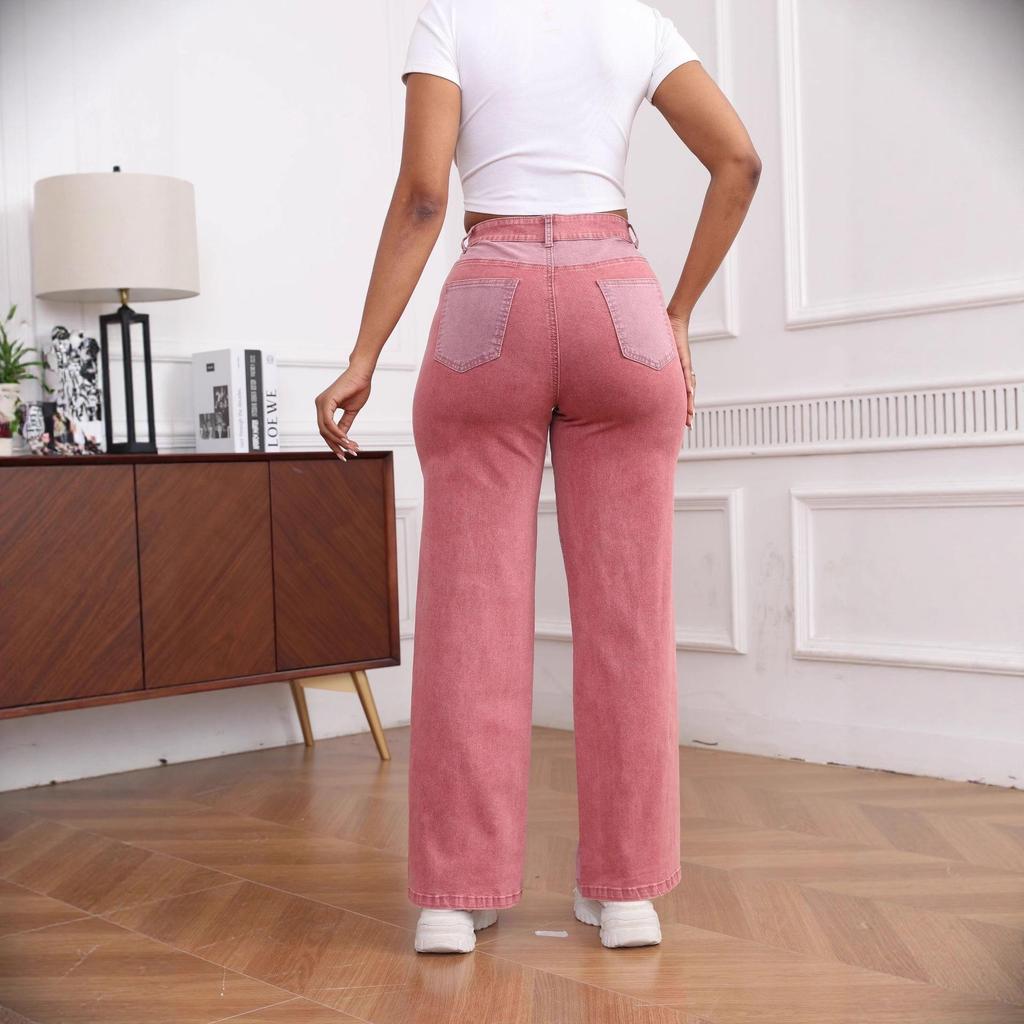 Elastic Contrast Color Washed Wide-Leg Denim Pants