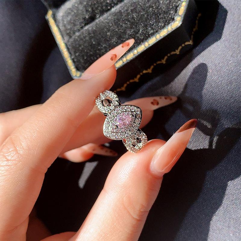 New Pink Crystal House Diamond Egg Ring  Silver Angel Wings Blue Treasure Zircon Engagement Hand Jewelry