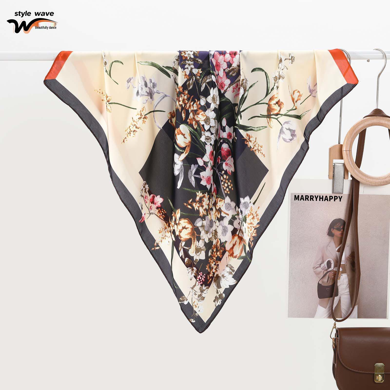 

Silk Print Versatile Scarf: Spring/Summer French Style, Multi-Functional Hairband/Waistband, Popular Small Square Design 70x70 CM