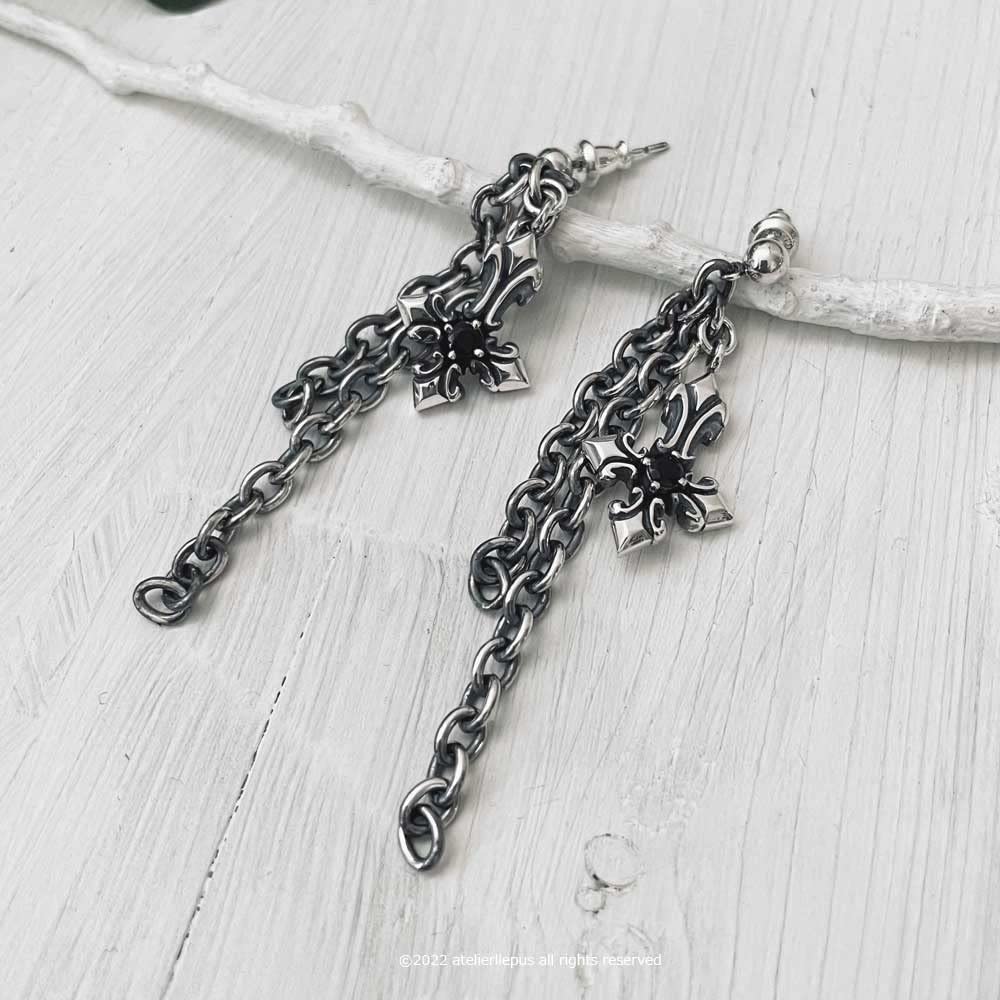 Cooldust Inverted Cross Charm Sterling Silver 925 Chain Earrings with Onyx FCE-029