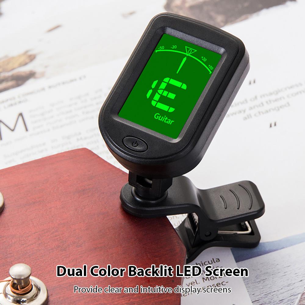 Guitar Tuner Clip On for Twelve Tone Equal Temperament Guitar Bass Violin Ukulele Dual Color Backlit LED Screen