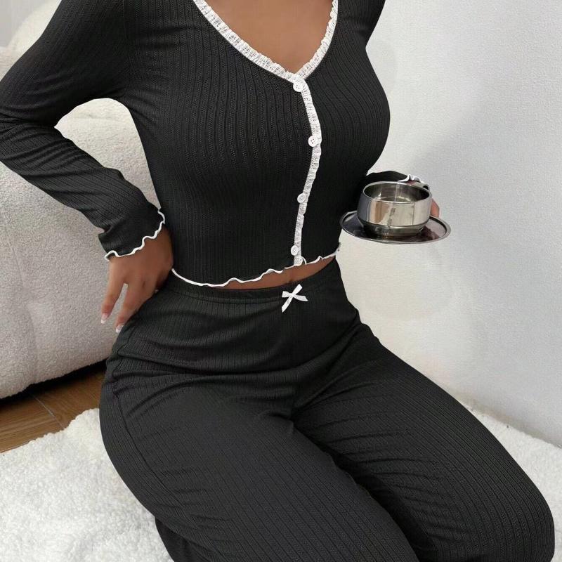 

Осенне-зимняя домашняя одежда, пижамный комплект для женщин, рубашка с длинными рукавами и брюками, 2 предмета, сексуальная кружевная пижама, одежда для сна, домашняя одежда XL чёрный