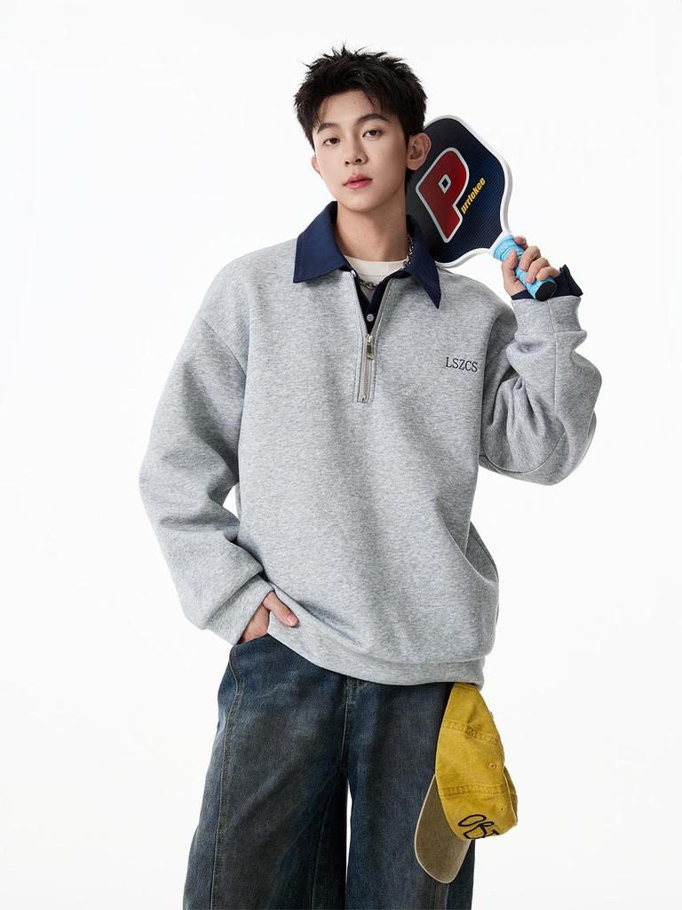 Unisex Heavyweight Faux Two-Piece Half-Zip Polo Sweatshirt, Autumn College Style, Lapel, Pullover, Loose Casual Top, Trendy.