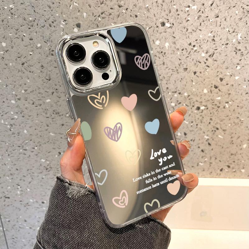 Cute Love Heart Makeup Mirror Phone Case For IPhone 17 17E 16E 16 15 Pro 11 12 14 13 Pro Max  Shockproof Bumper Cover