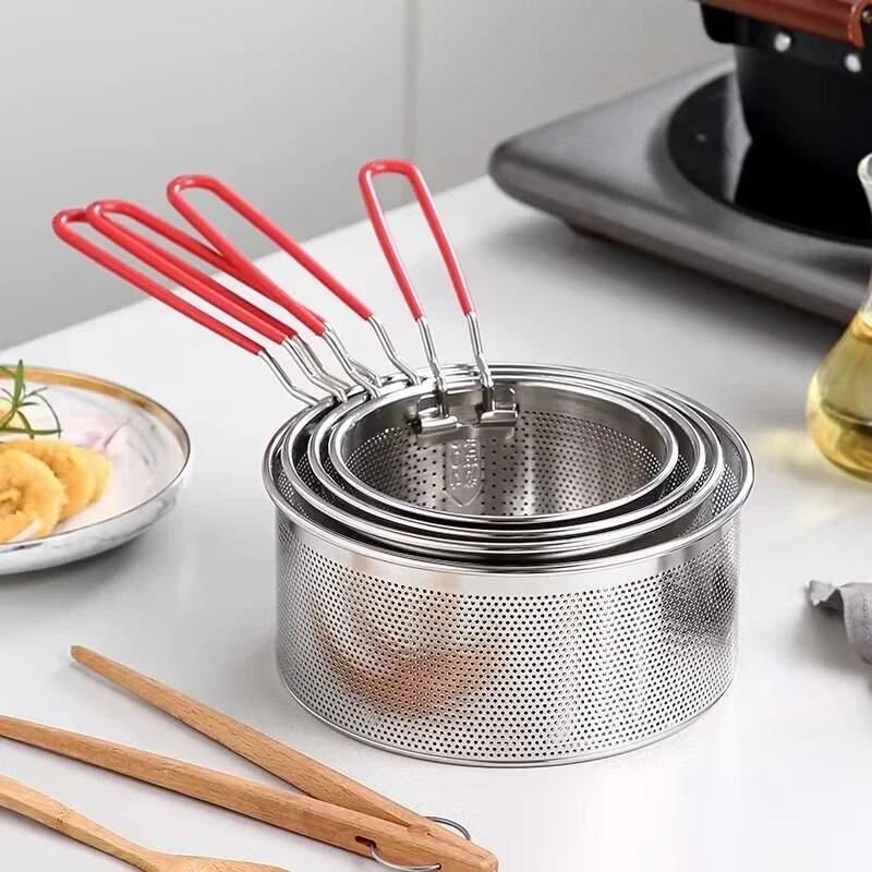 304 Stainless Steel Hot Frying Fried Basket Frying Pan Filter Food Colander Oil Leak Cocoa Sieve Mesh Noodle Dumplings Strainer