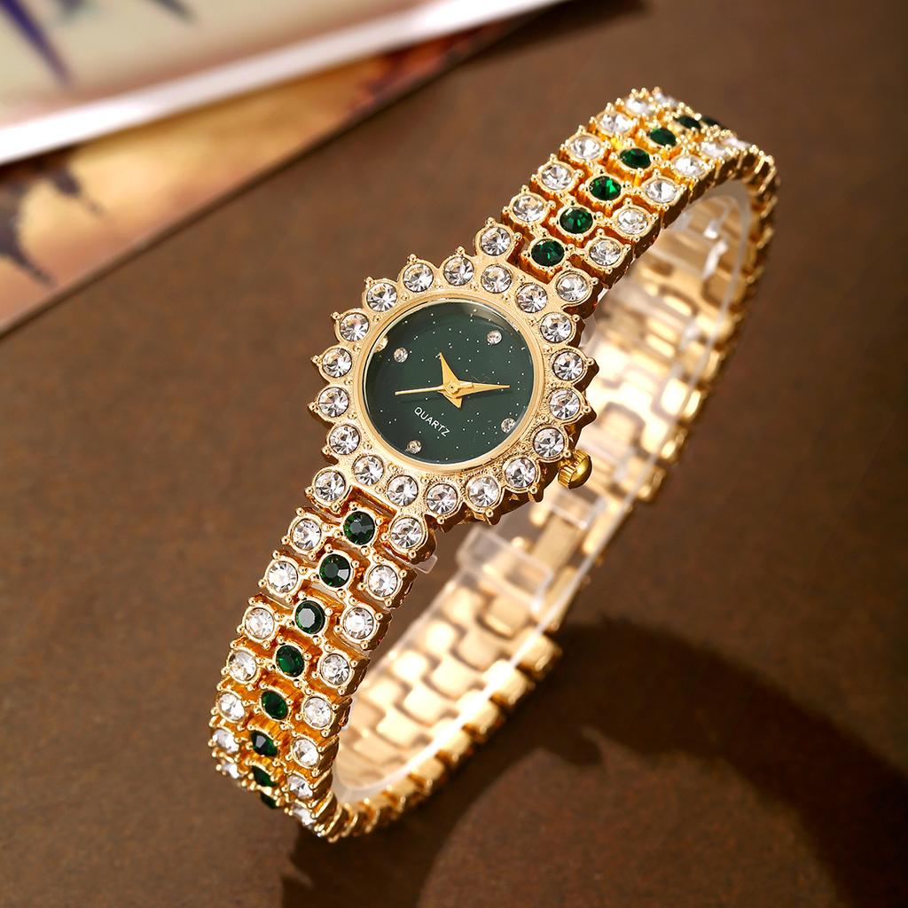 Golden Luxury Watch Women Ring Necklace Earring Rhinestone Fashion Wristwatch Casual Ladies Bracelet Watches Jewelry Set