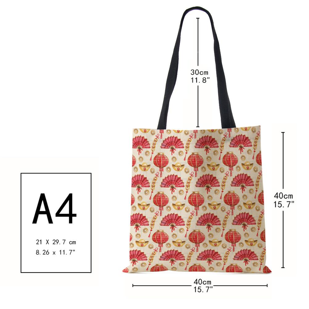 Lotus Leaf Bamboo Print Shopping Bags Women Folding Reusable Tote Shoulder Bag Scenery Canvas Casual Groceries Handbags 2022 CLE