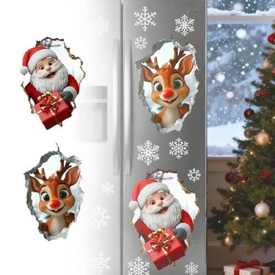 3D Christmas Wall Decal Winter Cracked Wall Sticker Xmases Holiday Party Supplies Santa Clauses Reindeer Wall Sticker