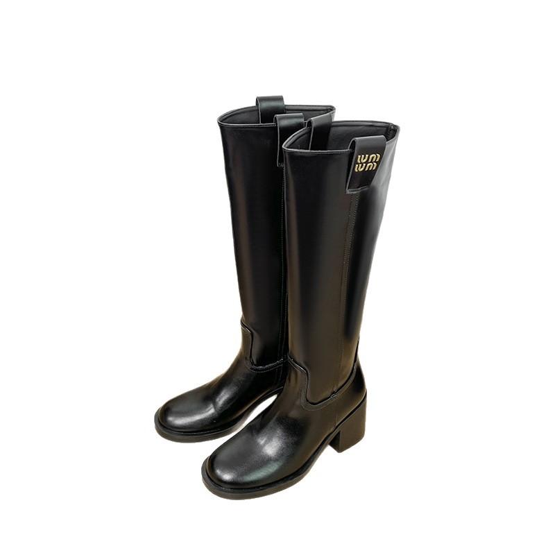 Cowhide version~ miu series leather thick-soled but knee boots women's simple and thin long boots thick heel high knight boots