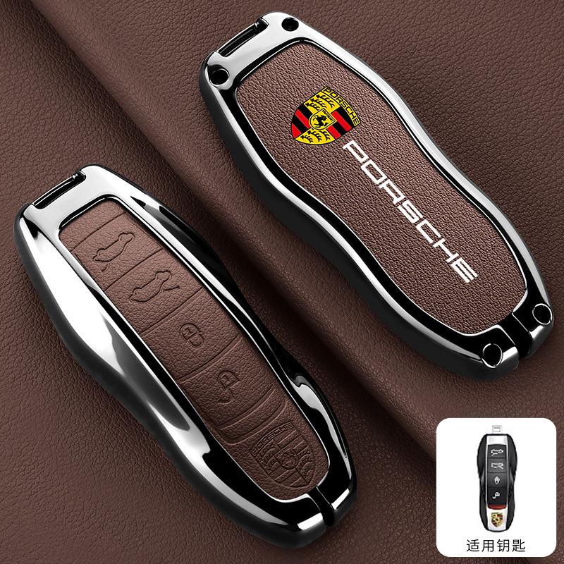 4 Knoppen Zinklegering Leer Auto Afstandsbediening Sleutelhoes Cover Shell voor Porsche Macan EV Taycan Panamera Macan 911 Cayenne 718 Sticker